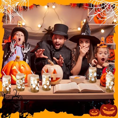 12 Pcs Halloween Glass Cups with Bamboo Lid Straw 16 Oz,White - Image 4