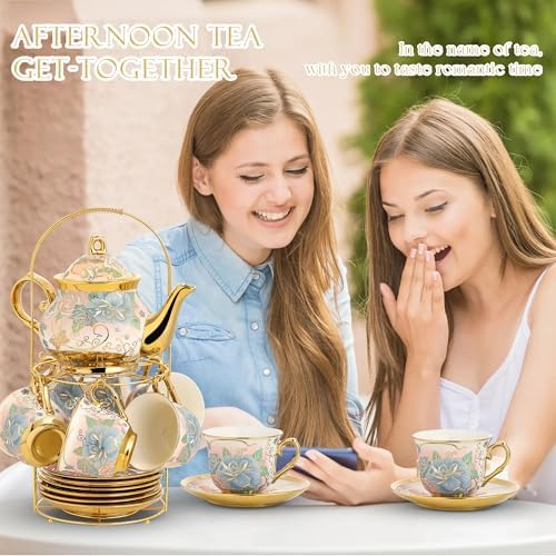 20 Pieces Porcelain Tea Set With Metal Holder, European Ceramic tea set for adults,Flower Tea Set,Tea Set For Women With Flower Painting (VIVID YELLOW, Largr Vision) - Image 3