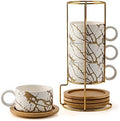 LUKA Porcelain Espresso Cup with Metal Stand, 6 Ounce Stackable Ceramic Demitasse Espresso Mugs Cappuccino Cups Set for Latte,Coffee,Cafe Mocha,Tea(Set of 4,White) by LUKA