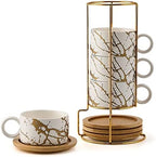 LUKA Porcelain Espresso Cup with Metal Stand, 6 Ounce Stackable Ceramic Demitasse Espresso Mugs Cappuccino Cups Set for Latte,Coffee,Cafe Mocha,Tea(Set of 4,White) by LUKA