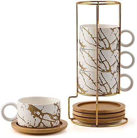 LUKA Porcelain Espresso Cup with Metal Stand, 6 Ounce Stackable Ceramic Demitasse Espresso Mugs Cappuccino Cups Set for Latte,Coffee,Cafe Mocha,Tea(Set of 4,White) by LUKA