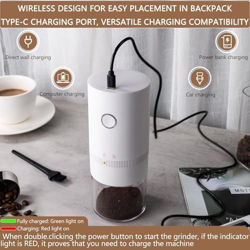 Portable Electric Burr Coffee Grinder Multi Adjustable Settings Rechargeable Coffee Bean Grinder with Conical Ceramic Burr, for Travel, Camping (WHITE) - Image 2