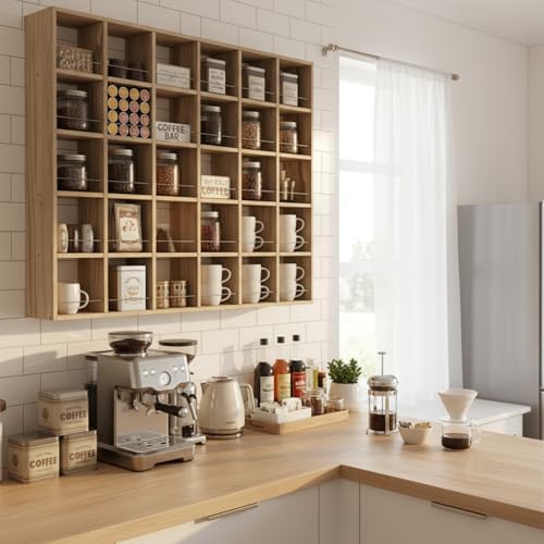 Kigley Oversize Coffee Mug Display Rack Wooden Shelves Rustic Shot Glass Display Case Travel Mug Shelf Wall Mounted Rack Holder Shadow Box(5 x 6,Brown) - Image 4