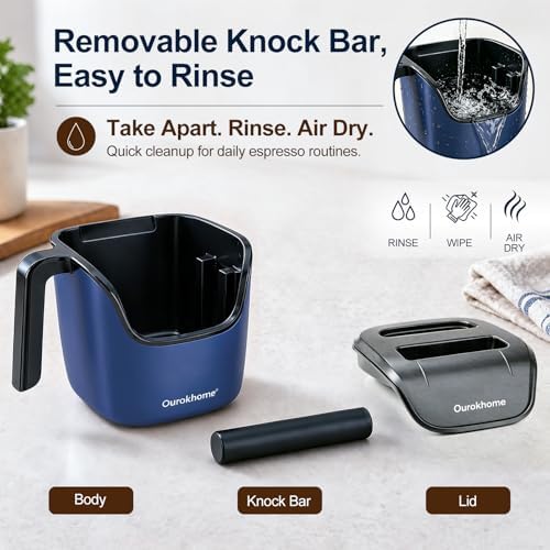 Ourokhome Espresso Knock Box with Lid, Compact Coffee Grounds Container for Home Coffee Bar, Removable Knock Bar, 304 Stainless Steel Exterior, Non-Slip Base & Handle, Easy Clean (Deep Blue) - Image 5