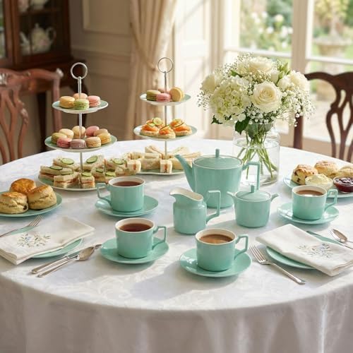 Mint Green Tea Set with Teapot, Cups, Sugar & Creamer Set, Afternoon Tea - Image 4
