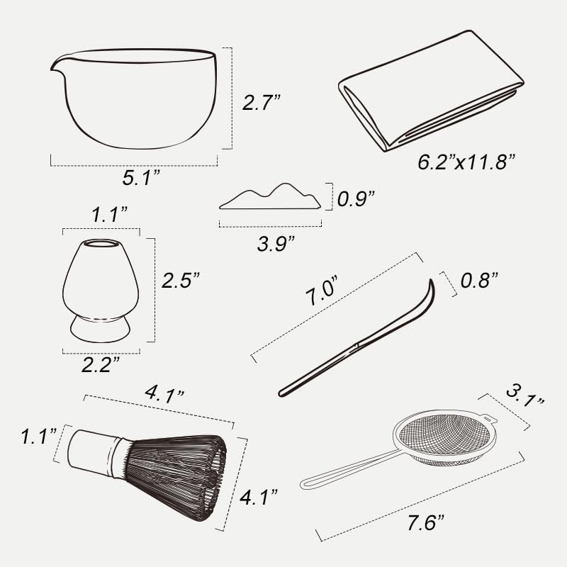 Black Japanese Matcha Tea Set of 7 Ceremony Matcha Kit with Matcha Bowl(Chawan) with Pouring Spout, Matcha Whisk (Chasen), Scoop (Chashaku), Ceramic Whisk Holder, Scoop Stand，Sifter,Tea Napkin - Image 2