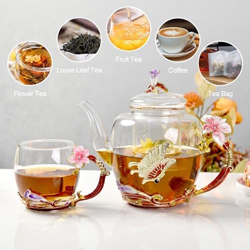 Lily Flower Enamel Glass Teapot - 46oz/1300ml, Floral Teapot With Removable Loose Tea Leaf Infuser - Image 3