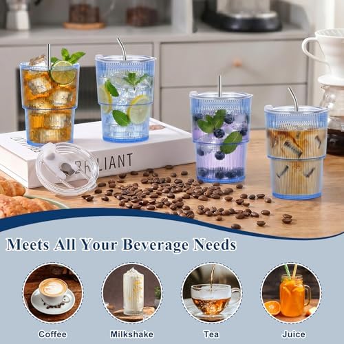 8 Pcs 15oz Plastic Tumblers with Lids and Straw Ribbed Iced Coffee Cups Blue Reusable Plastic Cups Leak-Proof Travel Iced Coffee Tumblers for Home Office Travel with Clean Brush - Image 6