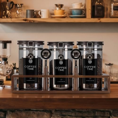 3×45oz UV Blocking Glass Coffee Storage Canisters with Wooden Organizer Rack, Airtight Jars with Black Clasp Lids, 2 Scoops for Dry Food & Coffee - Image 5