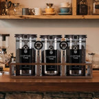 3×45oz UV Blocking Glass Coffee Storage Canisters with Wooden Organizer Rack, Airtight Jars with Black Clasp Lids, 2 Scoops for Dry Food & Coffee - Image 5