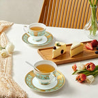 Luxury White & Gold Embossed Tea Cups and Saucers with Teapot, Sugar Bowl, & &Creamer, Vintage European Porcelain Coffee Set for Tea Party, Wedding, Gift (Teal, 4pcs/set) by Unknown