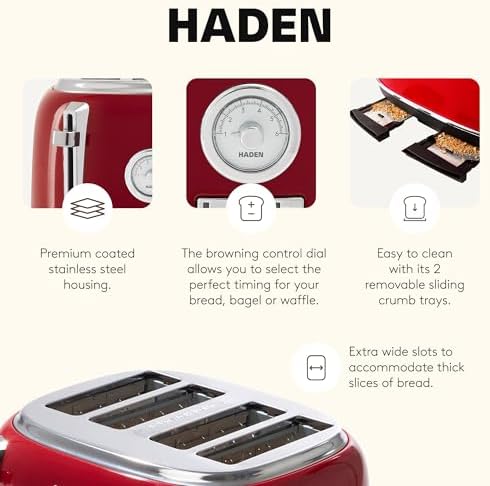 Haden Dorset 4 Slice Wide Slot Stainless Steel Toaster, Rectory Red - Image 3