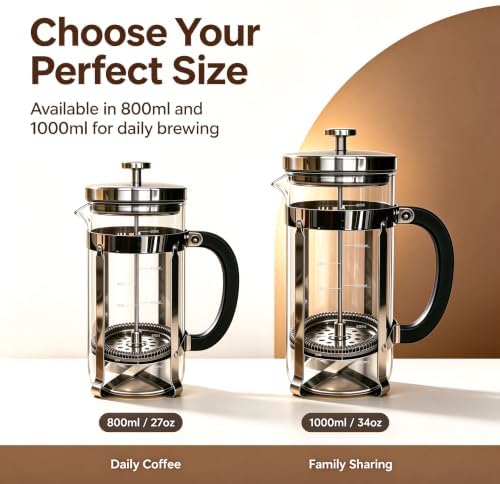 French Press Coffee Maker 304 Stainless Steel Double Mesh Filter, Borosilicate Glass French Press-34oz silver - Image 2