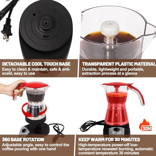 Electric Moka Pot 3-6 Cup 150-300ml Plastic Transparent Stovetop Espresso Maker Portable Stainless Steel Mocha Pot Percolator Italian Coffee Makers Greca Machine Cafe Classic for Home Camping - Image 6