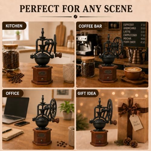 Vintage Manual Coffee Grinder with Cast Iron Ferris Wheel Hand Crank, Wooden Coffee Mill with Ceramic Burr, Adjustable Grind Size for Espresso, French Press, Pour Over, Home Barista Coffee Gift - Image 5