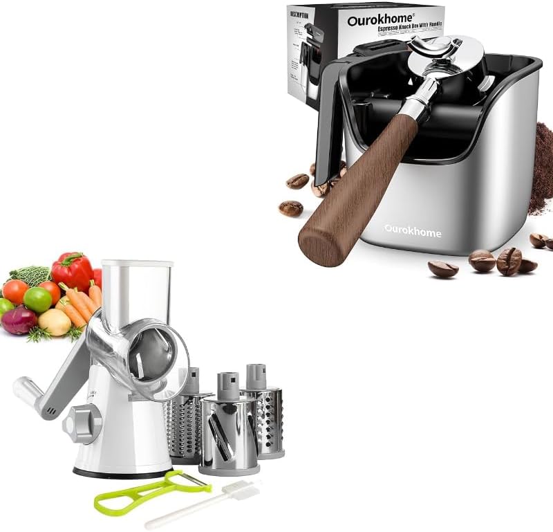 Ourokhome Knock Box Espresso Accessories, The Latest Patented Stainless Steel Espresso Machine Tool for Coffee, Rotary Cheese Grater Hand Crank, Kitchen Shredder Speed Mandolin Slicer Nut Grinder by Ourokhome