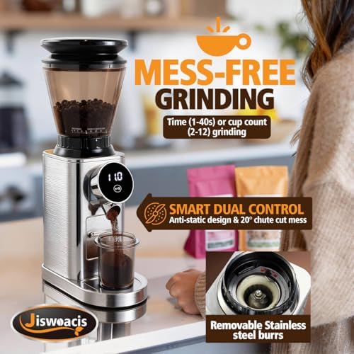 Burr Coffee Grinder, Electric Conical Coffee Bean Grinder With 48 Grind Settings Anti-static Burr Mill, Precision Electronic Timer, for Espresso/Drip/Cold Brew/French Press, Stainless Steel, Silver - Image 4