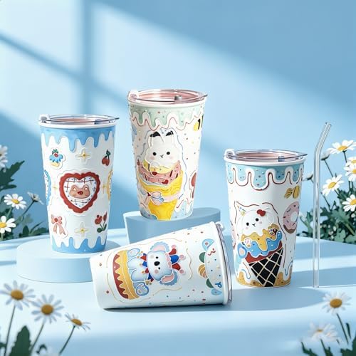 YQ&QMK 3D Embossed cartoon animals Ceramic Cup with Lid & Glass Straw, 16oz Hand-Painted Ice Cream Design Travel Coffee Tumbler, Cute Mug (Donut) - Image 2