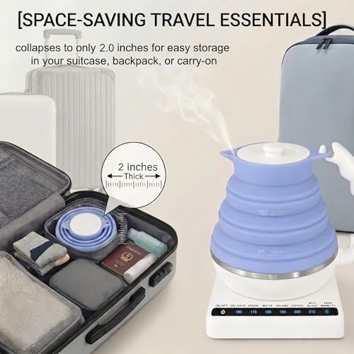 Collapsible Travel Tea Kettle with Temperature Control, Portable Electric Tea Kettle, Collapsible Water Kettle with Detachable Base, BPA-Free Silicone, Keep Warm & Auto Shut-Off, 555ml 110V Blue - Image 2