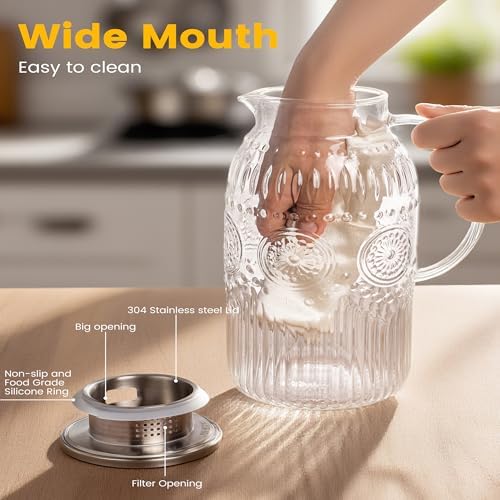 Bandesun Vintage Glass Pitcher with Lid, 128oz/ 1 Gallon Water Pitcher with Handle for Fridge Heat Resistant Borosilicate Water Jug, Carafe for Hot/Cold Coffee, Tea,Beverage 1Pack - Image 4