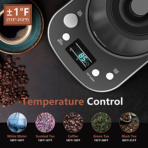 Nicebay Electric Gooseneck Kettle, Kettle with Heating Base Buttons and LED Display, Pure Stainless Steel Inner Tea 1200W Fast Heating, Pour Over Coffee 0.8L, Black, (SK-0804) - Image 6