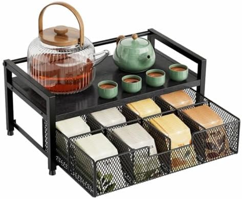 Tea Bag Organizer, Tea Bag Holder with Drawer, Wood and Metal Tea Organizers and Storage Chest for Countertop Kitchen, Office, Black by Segtenant
