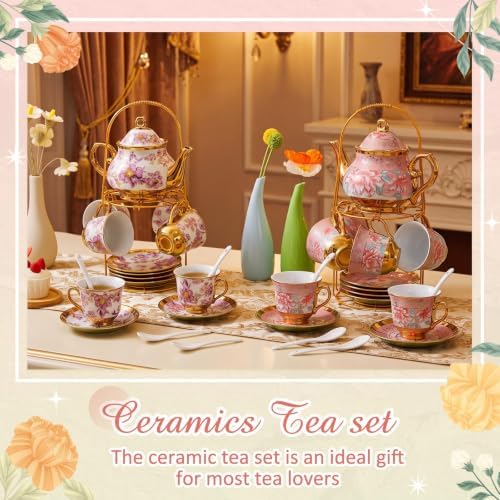 Zhehao 40 Pcs Porcelain Tea Set for Adult, with Metal Holder, Luxe - Image 3