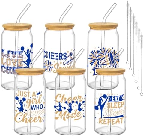 Glass Cups with Lids and Straws, 6Pack, 16oz, Cheerleader by Culudea