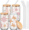 SiliFine 4 Pcs Pink Christmas Glass Cups with Lids and Straws, 16 oz by SiliFine