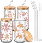 SiliFine 4 Pcs Pink Christmas Glass Cups with Lids and Straws, 16 oz by SiliFine
