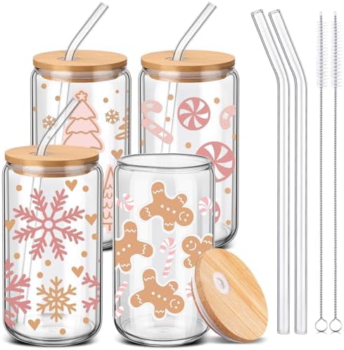 SiliFine 4 Pcs Pink Christmas Glass Cups with Lids and Straws, 16 oz by SiliFine