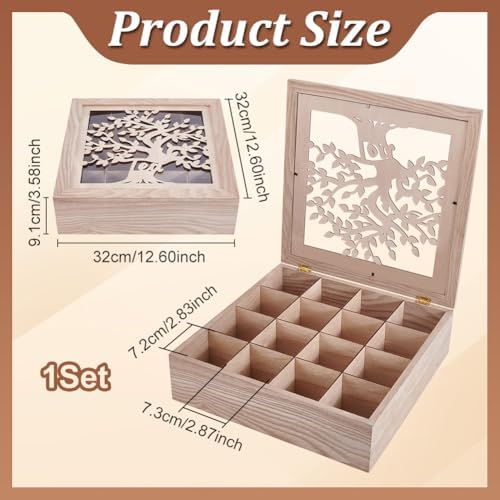 UNICRAFTALE Wood Tea Box Organizer Tan Tea Bags Holder 16 Compartment Hollow Tree of Life Tea Organizer Tea Bag Holder Organizer for Countertop Kitchen Cabinet Pantry 12.6x12.6x3.6 inch - Image 3