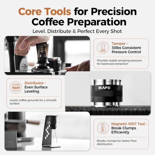 IKAPE 58mm Black Espresso Tool Set 8 IN 1, Coffee Tamper, Distributor, Magnetic Funnel, Puck Screen, Tamper Station, Stirrer Distribution Tool, Cleaning Towel and Brush - Image 5