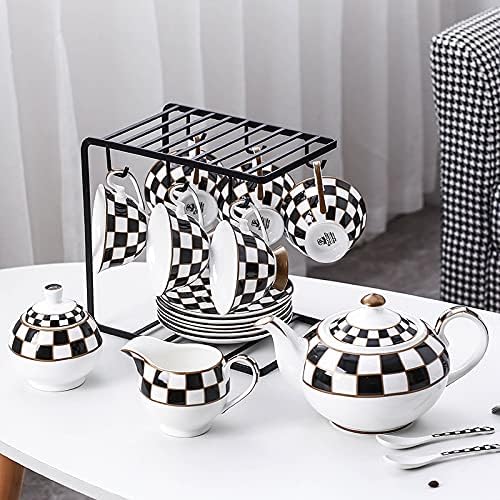 Porlien Checker Pattern 17-Piece Tea Set for 6 with Teapot, 5-ounce Teacups and Saucers, Milk Jug & Sugar Bowl（Without Rack) - Image 3