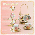 20 Pcs Porcelain Tea Set with Metal Holder and Spoon, European Ceramic Tea Set for Adults, European Flower Painting Teapot Cup Saucer Spoon Set for 6, Gift Pack (Pink and Gold) - Image 7