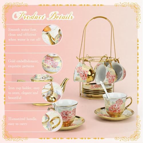 20 Pcs Porcelain Tea Set with Metal Holder and Spoon, European Ceramic Tea Set for Adults, European Flower Painting Teapot Cup Saucer Spoon Set for 6, Gift Pack (Pink and Gold) - Image 7