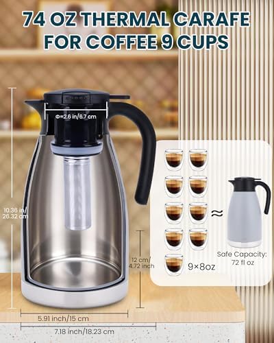 GiNT 74oz Large Thermal Coffee Carafe with Infuser–Insulated Tea Carafe, Removable Filter, Dishwasher-Safe|2.2L 10+ Cups,Wide Mouth,Dual Seal|Stainless Steel Beverage Server for Office&Events - Image 5