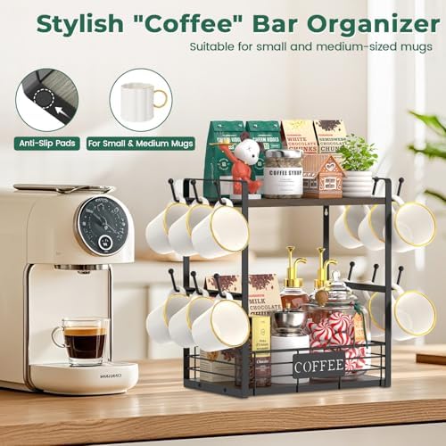 EsLuker.ly Coffee Mug Cup Holder Tree Bar Station Organizer, 2 Tier Brown - Image 5