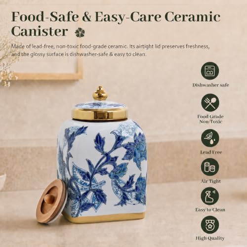Blue and White Ceramic Tea Canister with Airtight Lid, 10" H Kitchen Decor Jar for Loose Leaf Tea & Coffee Bean Storage, Chinoiserie Decor Ginger Jars for Home Decor, 121 fl oz - Blue Peony - Image 6