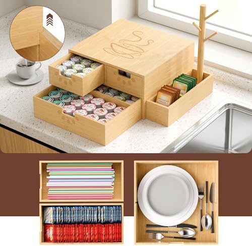 Coffee Pod Drawer, Wooden K Cup Holder with Tree Shape Mug Holder and Side Storage Box, 2-Tier K Pod Drawer Coffee Maker Machine Stand(80 Kcups+60 Tea Bags Capacity) - Image 3