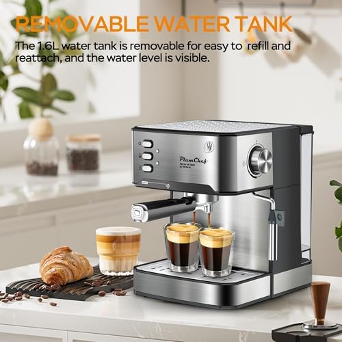 Plum chef 20 Bar Espresso Machine with Milk Frother, Dual Shot, ESE Pod Compatible, 54 OZ Removable Water Tank for Home Barista (Silver) - Image 6