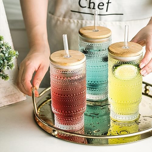 KEMORELA Set of 6 Hobnail Drinking Glasses with Cool Glassware Lid and Straw, 16oz XL Highball Bubble Cocktail, Old Fashioned Beverage Glasses, Romantic Water Glasses for Juice - Image 4