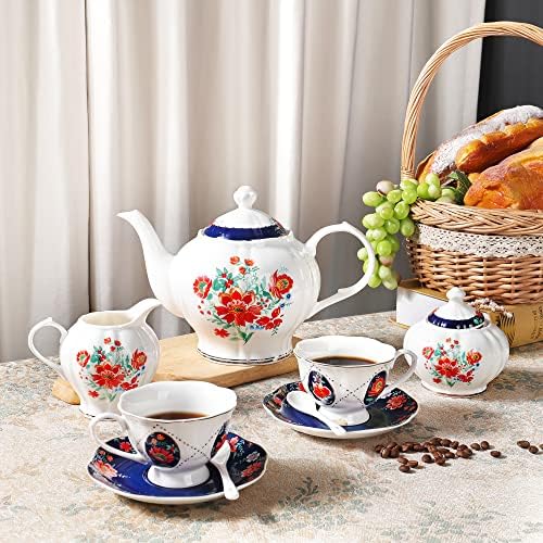 fanquare 21 Piece Old Victorian Porcelain Tea Set for 6, Royal British Floral Tea Cup Set for Women, Wedding Tea Party Set for Adults - Image 3