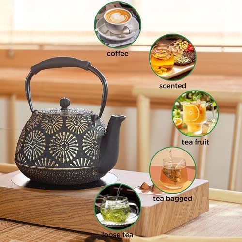 Cast Iron Teapot, 40oz Tea Kettle with Infuser for Stove Top, Sakura Design Japanese Tea Pot for Loose Leaf Coated with Enameled Interior, Silicone Handle 1200ml Black - Image 3