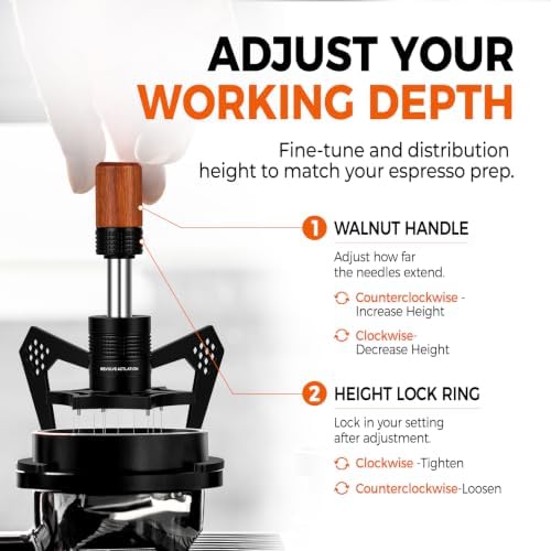 IKAPE Mantis WDT Distribution Tool with Clean Brush, 58mm Espresso Stirrer Distribution Tool for Barista, 10 Needle Espresso Stirrer with Dosing Funnel&Stand, Adjustable Needle Height, Walnut Handle - Image 6