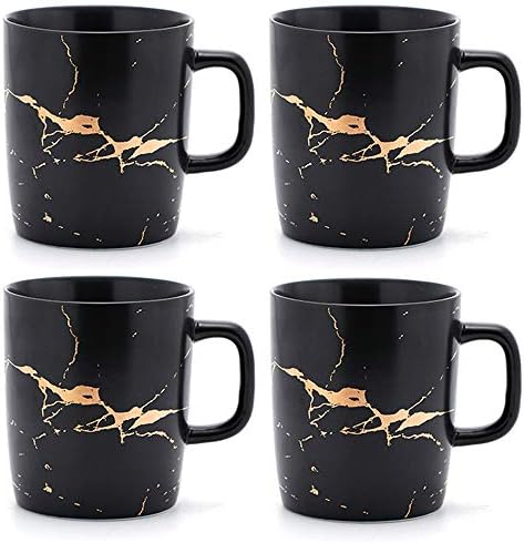 Coffeezone 12 oz Matte Ceramic Marble Tea Coffee Mugs Luxury Gold Inlay (Black, 4 Mugs Gold Marble) by Coffeezone