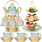 21 Pcs Porcelain Tea Set with 3 Tier Dessert Stand, Green, Summer by Suttmin