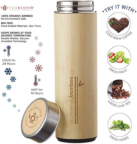 Teabloom All-Beverage Travel Tumbler – Large Capacity 17 oz / 500 ml – Insulated Thermos Mug – Eco-Friendly Bamboo – Hot and Cold Tea Infuser – Cold-Brew Coffee – Fruit-Infused Water – The Naturalist - Image 4