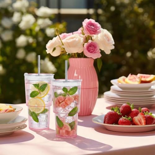 6 Pcs 20oz Acrylic Ribbed Tumblers with Lid and Straws Pink Plastic Reusable Iced Coffee Cups with Lid Unbreakable Vintage Ribbed Drinking Glasses Tumbler for Juice Smoothie Beverage with Clean Brush - Image 7