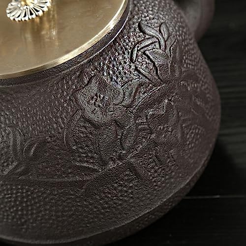 Cast Iron Teapot with Copper Handle/Lid, Pig Iron Teapot Cast Iron Tea Kettle 1200ml Retro Japanese Style Tetsubin Iron Teapot for Charcoal Stove Induction Cooker (Green lotus) - Image 6
